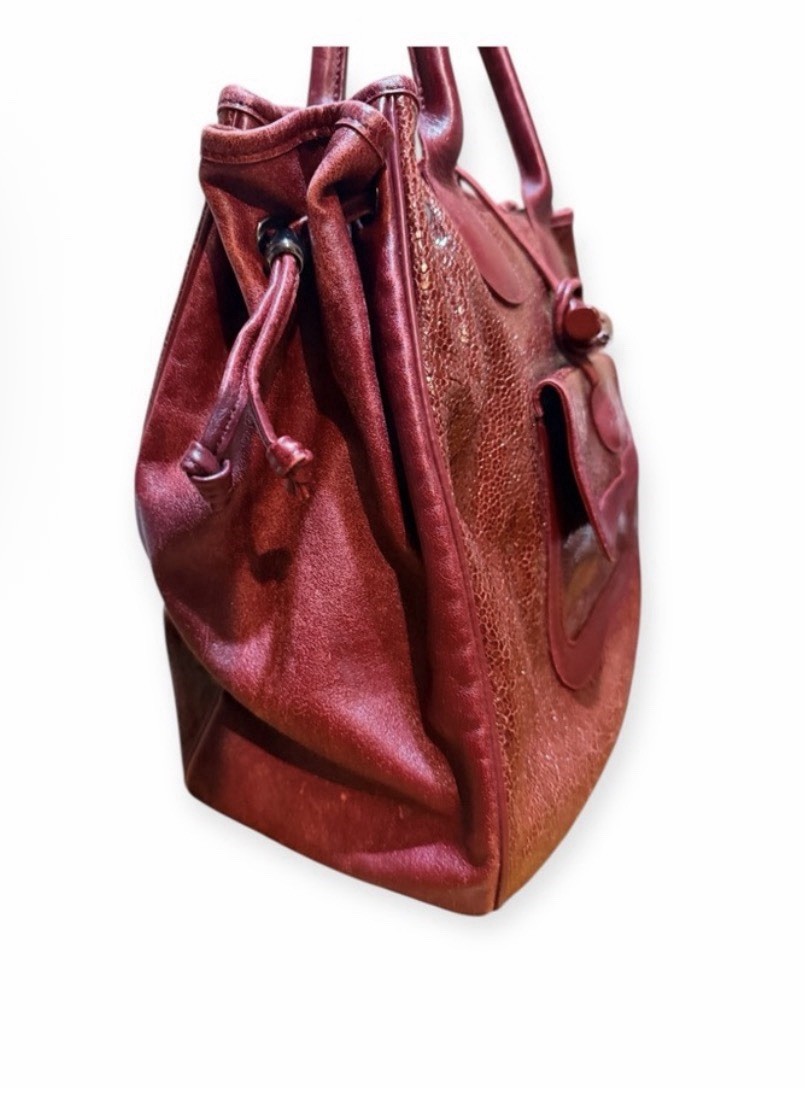 Longchamp Le Roseau burgundy leather tote bag crinkled textured leather.  View 3