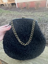 Vintage black curly textured pouch kisslock purse gold chain top handle GLAM