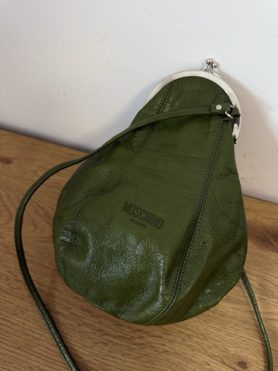 Vintage Moschino Jeans Leather Crossbody Bag Kiss Lock Dark Green