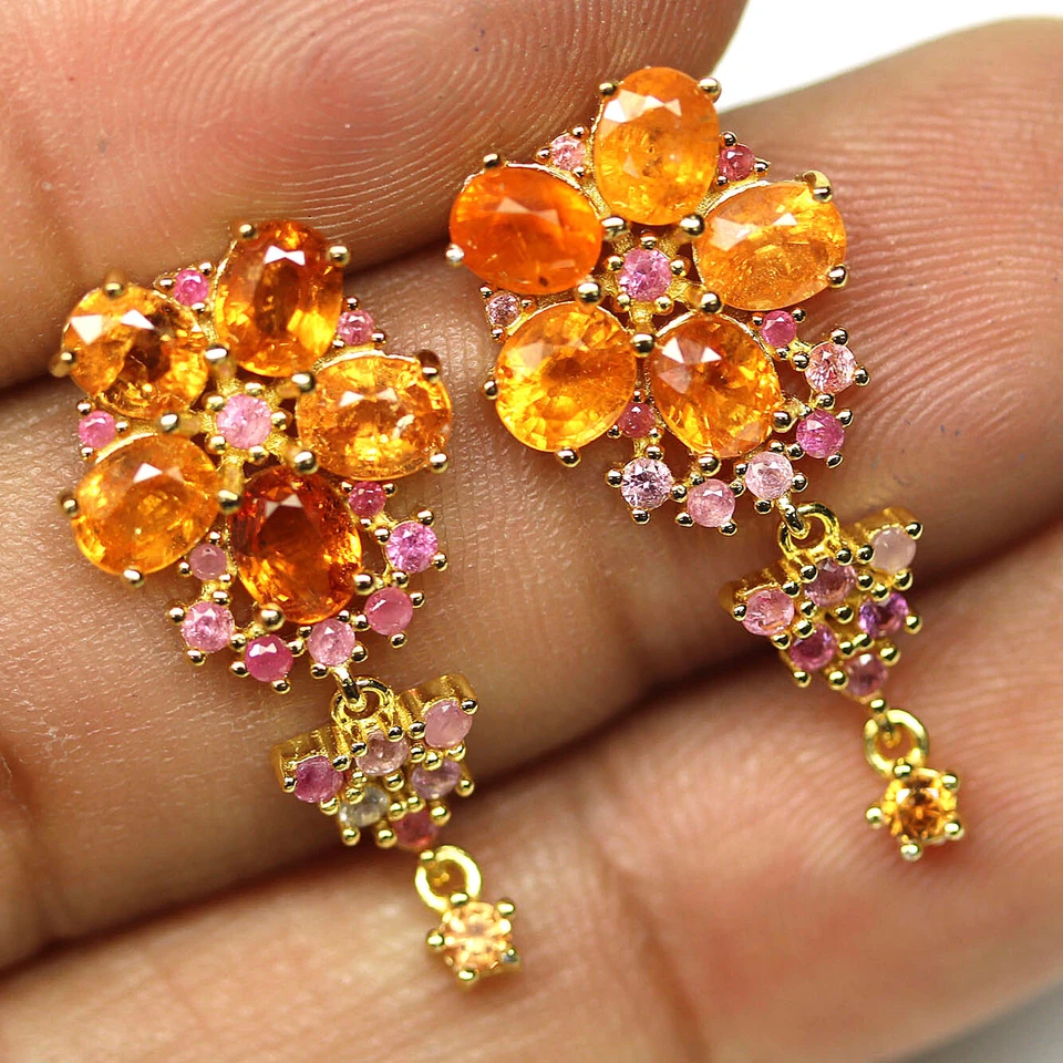 Plata de ley 925 4 x 5 mm. Pendientes Fanta naranja espesatita granate y zafiro Foto 2 de 4