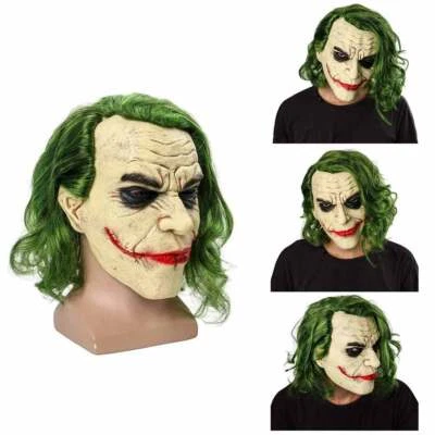 Halloween Cosplay Prop Scary Joker Clown Costume Green Wig Full Head Latex Mask