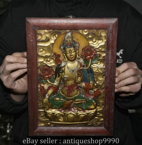12" Tibetan Wood Paintings 7 eyes White Tara Spirit Goddess Tangka Thangka Foka - Picture 1 of 11