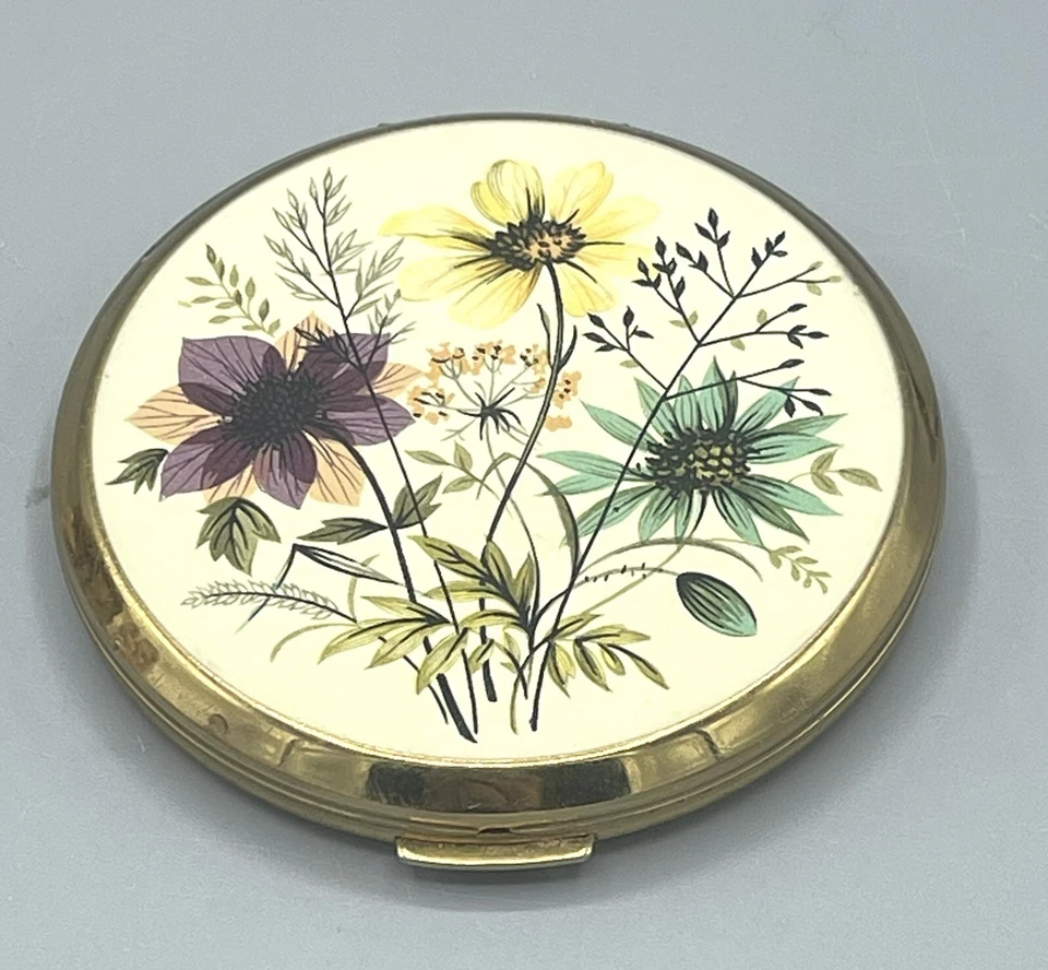 De Colección Stratton Compacto Hecho en Inglaterra Esmalte Floral Espejado Polvo Caja Sin Puff Foto 2 de 4