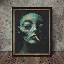 Vintage ALIEN CANNABIS Wall Art, 420 Smoking Pot Sci-fi Decor, Marijuana Cryptid