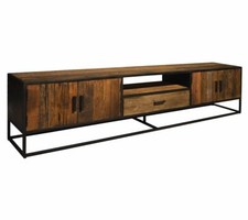 XXL Rustikales Massiv Teak Treibholz Stahl TV Board Low Board Dakota 240 cm