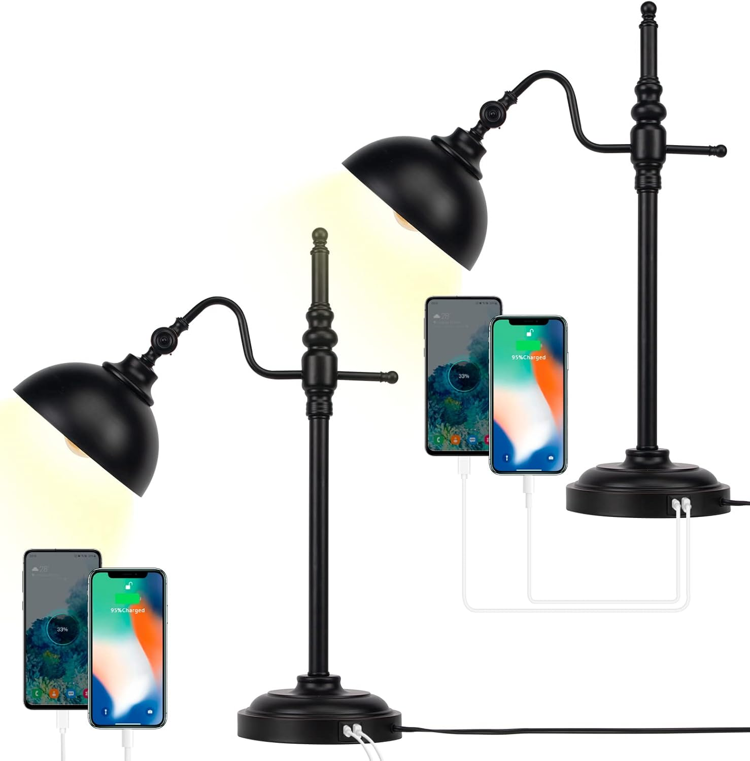 2 Pack Industrial Desk Lamp with 2 USB Charging Port Black Metal Rustic Table La
