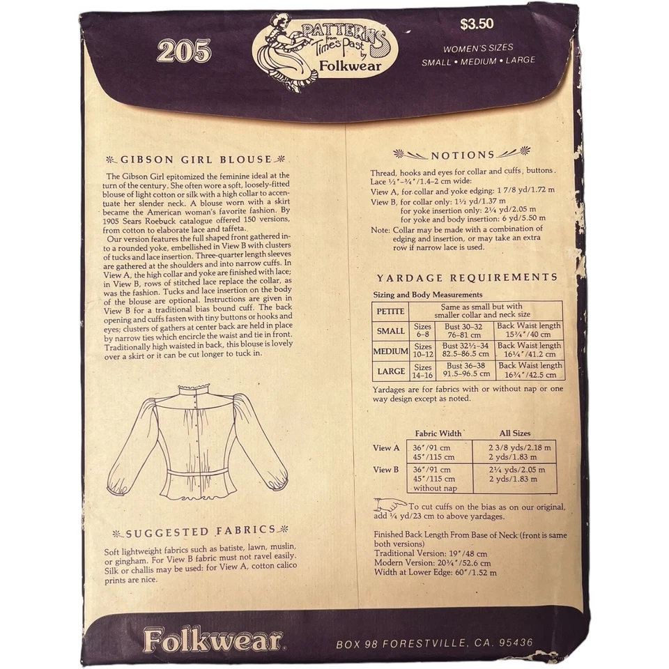 Blusa vintage Folkwear 1978 Gibson niña patrón de costura 205 sin cortar para mujer S M L Foto 3 de 4
