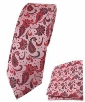 Schmale Tigertie Krawatte + Einstecktuch In Rot Rosa Anthrazit Paisley Gemustert