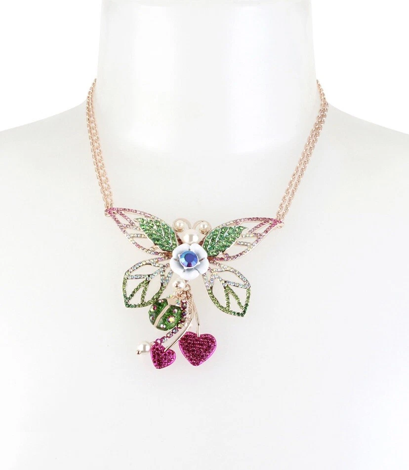 $75  Betsey Johnson Fruity Petals Crystal Accent Butterfly Necklace #549 - Image 2 of 4