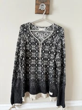 Odd Molly Womens Size 4 Gray Lambswool Sweater Fair Isle Crochet Trim Tie Back