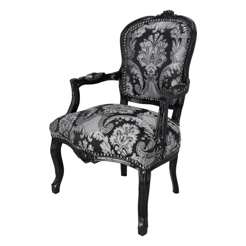 Poltrona Sedia in legno laccata nera con braccioli e tessuto damascato nero fan - Immagine 2 di 4