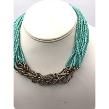 Teal Turquoise Blue Seed Bead Multi Strand and Gold Tone 17" Choker Necklace