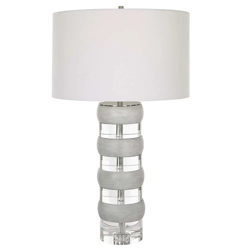 Stacked Crystal Wood Banded Table Lamp 28 in x 16 Two Tone Round Beige Clear - Picture 1 of 7