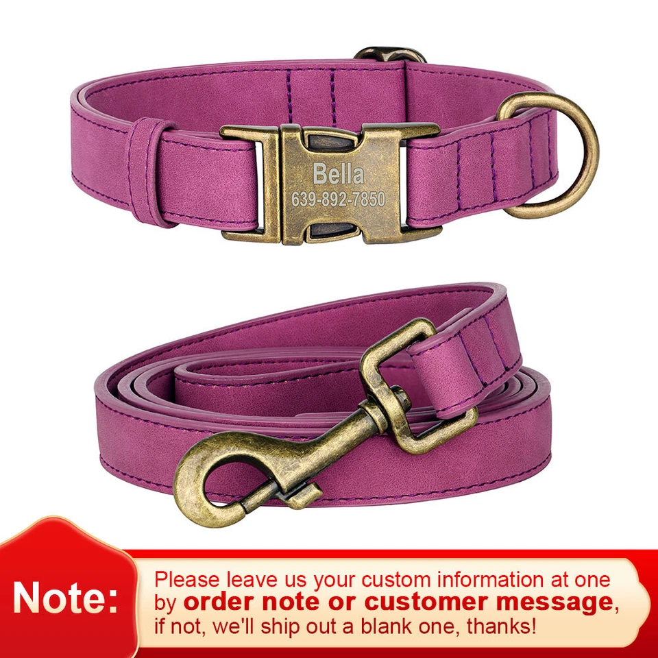 Personalized PU Leather Dog Collar and Leash set Brass Buckle Name ID Engraved - Image 2 of 4