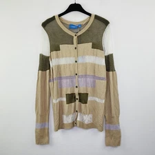 Vera Wang Women's L Beige Cardigan Button Mesh Colorblock Stripes NWT (Flaw) AB2