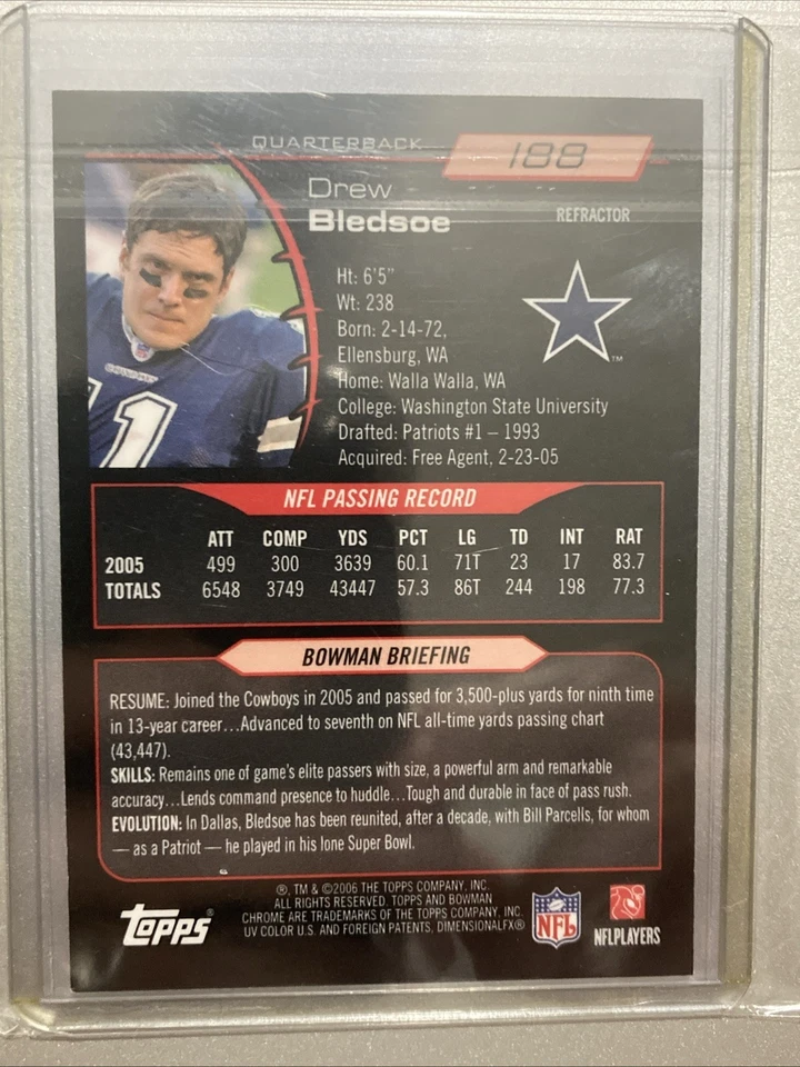 2006 Bowman Chrome- Drew Bledsoe #188- SILVER REFRACTOR-  Dallas Cowboys - Image 2 of 4