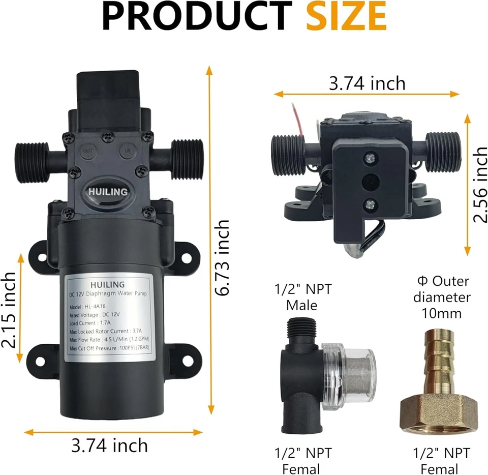12V Diaphragm Pump: Self-Priming, 1.2 GPM, Quiet Operation for Outdoors - Image 4 of 4