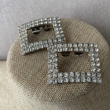 Vintage Rhinestone Rectangular Shoe Clips - Pinch Buckle Style Clear Stones Pair