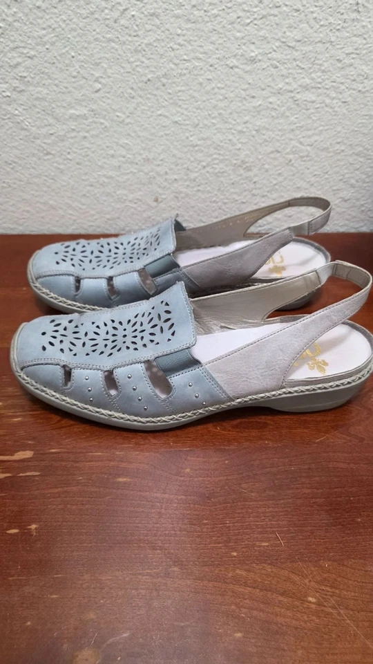 Rieker Mujer Cuero Azul Claro Cordones Grama Core Planos Diseño Recortado Talla Foto 4 de 4