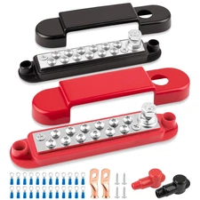 12V 150A Power Distribution Block, 1/4" Marine Bus Bar, Red and Black, Battery T