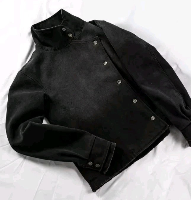 Men's Black High Collar Asymmetrical Button Jacket Casual