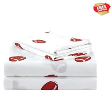4-Piece Kids/Teens Sports Sheet Set - Soft Microfiber White Brown Football, F...
