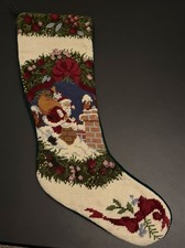 Vtg Needlepoint Christmas Stocking Santa Chimney Sleigh Wreath Green Velvet 22"