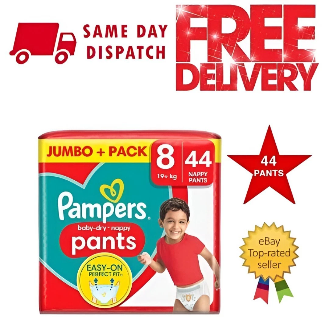 Pampers Baby-Dry Pants Size 8 17kg+ Disposable 44 Pack Jumbo+ Easy-On Fit Nappy