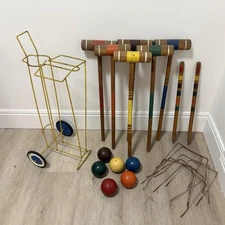 Vintage Wood Croquet Set Yellow Wire Rolling Caddy 6 Player Mallets Balls READ