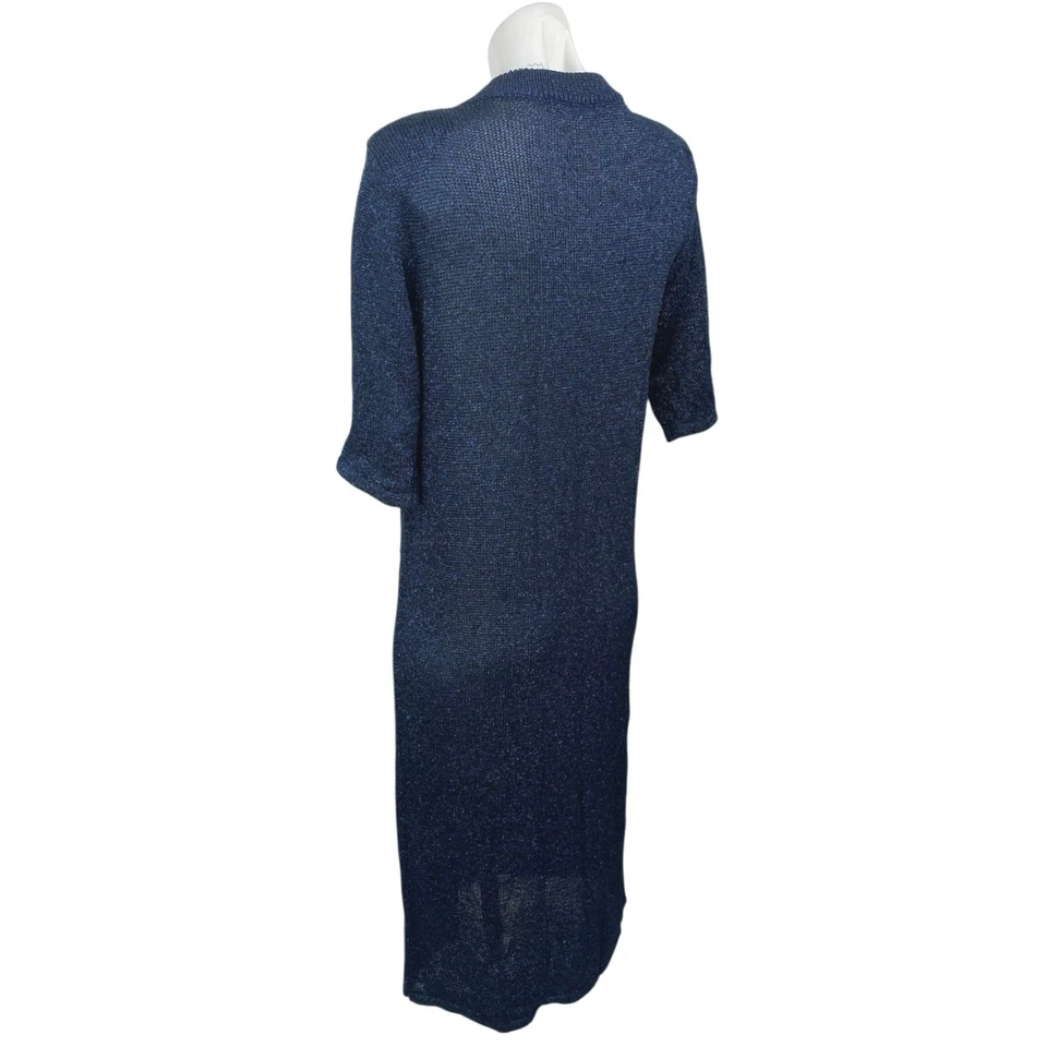 Manoush Azul Metálico Perla Botón Manga Corta Tejido Midi Suéter Camisa Vestido L Foto 2 de 4