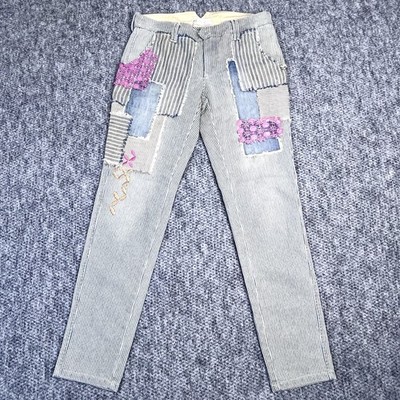 Free People FP Jeans Patchwork Hickory Stripe Embroidered Womens 27 Fits 30