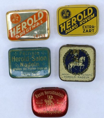 5x NADELDOSE ''HEROLD'' , -leer- ,Needle-tin, Grammophon, 78rpm D305