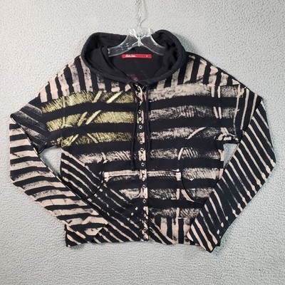 Barbara Lesser Fibers Y2K Hoodie Womens Medium Black Striped Stamped Snap Front 