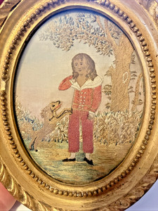 Gorgeous  Antique   Needlework Silkwork  Boy And Puppy