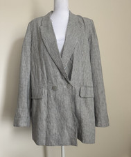 MNG Mango Casual Women s Striped Linen Blazer M Lined Long Button Pockets
