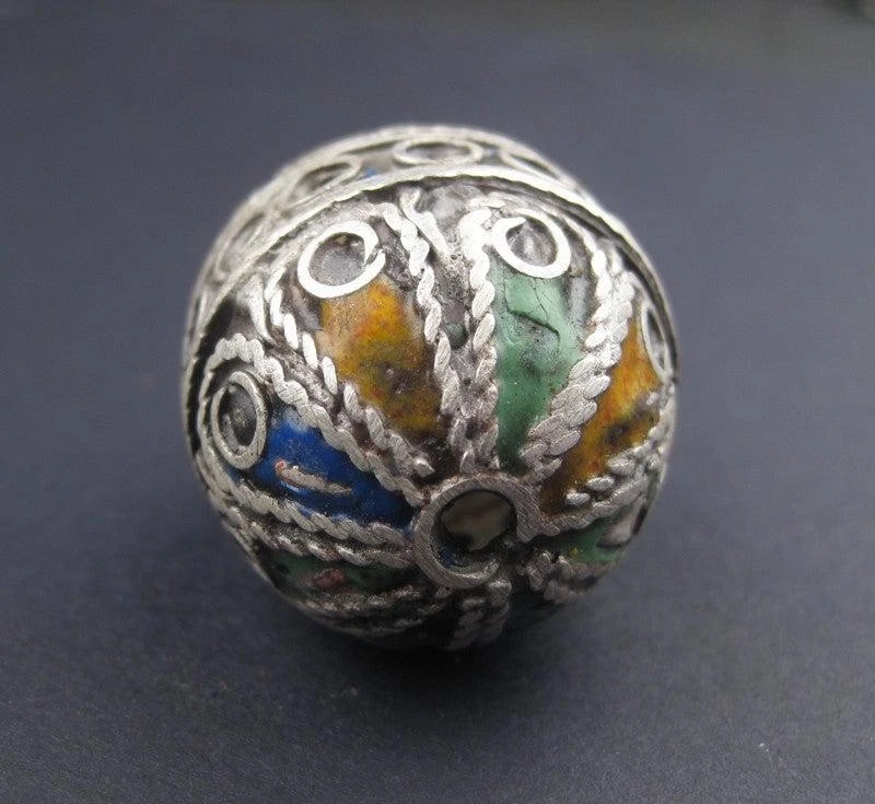 Artisanal Enameled Round Silver Berber Bead 28mm Morocco African Oval Handmade - Image 2 of 4