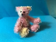 MINIATURE  2 1/2" MOHAIR TRI-COLOR TEDDY BEAR HANDMADE AND JOINTED