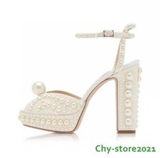 Women's Peep Toe Pearls Ankle Strap Sandals Wedding High Heels Dress Party Work
