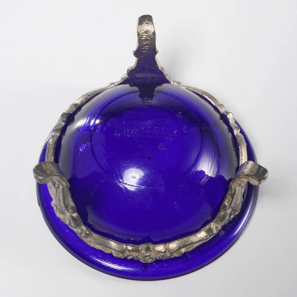 Juego de 3 coladores de té de latón de vidrio azul cobalto peltre vintage más empinado Alemania Foto 4 de 4