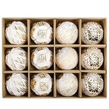 Christmas Ball Ornaments Set, 12ct 80mm Elegant White and Gold Assorted Xmas ...