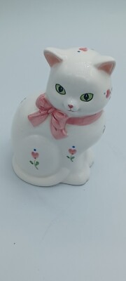 1988 Summit Collection Exclusive Porcelain Cat Figurine White Pink Flowers 
