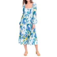 DONNA MORGAN Linen Floral Midi Dress 10 Puff Sleeve Square Neck Bohemian Prairie