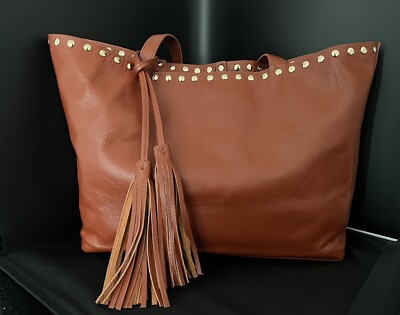 Laggo Remy Cognac/Brown Pebbled LEATHER Purse Tote Gold Studs & Tassels-was $485