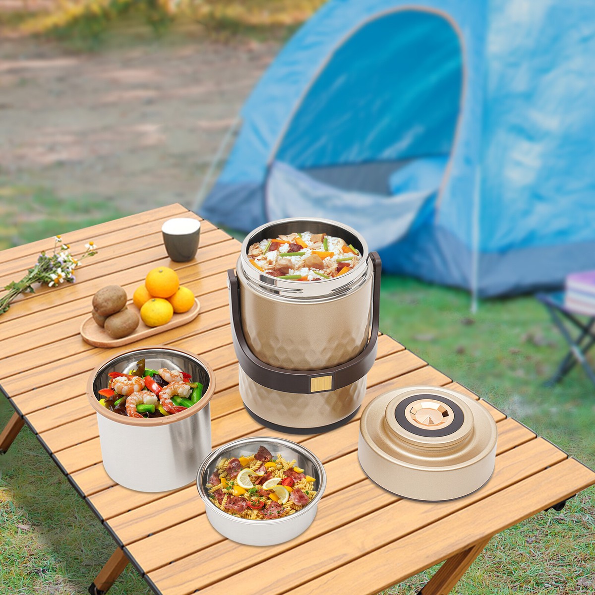 3-Tier Sealed Stackable Food Thermos Insulated Lunch Box Gold Thermal Lunch Box