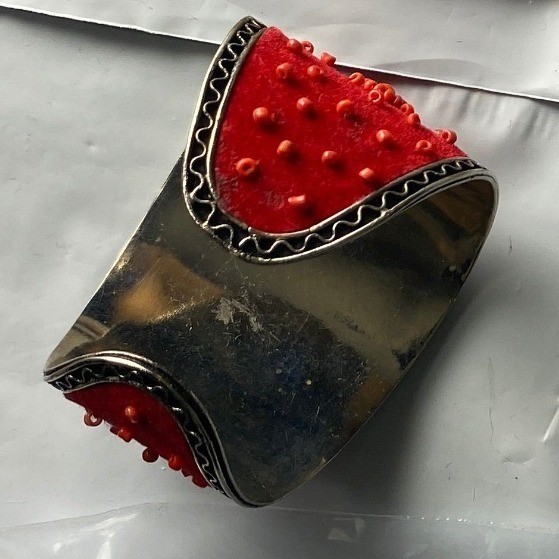 Unique Red Textured Cuff Bracelet Statement Silve… - image 1