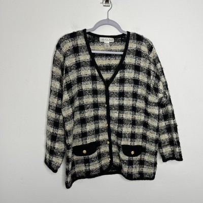 VINTAGE Summit Hill Sweater Womens Petite M Black Plaid Cardigan Buttons 90s