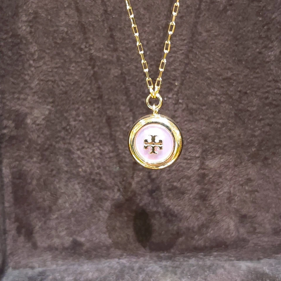 Authentic Tory Burch 18K Gold Plated Pink Purple Mother of Pearl Necklace 168606 - Image 4 of 4
