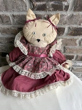 Vintage Handmade Cat Doll 18" With Handmade Laced Trim Dress Button Eyes Bows