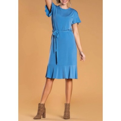 Brigitte Brianna Venice Midi Dress Blue Size L Modest Minimalist Stretchy  Office | eBay