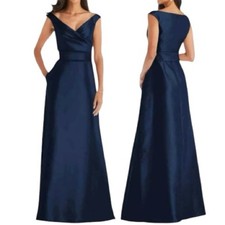 Alfred Sung Satin Maxi Gown Navy Blue Size 12 Elegant Cocktail Event Dress